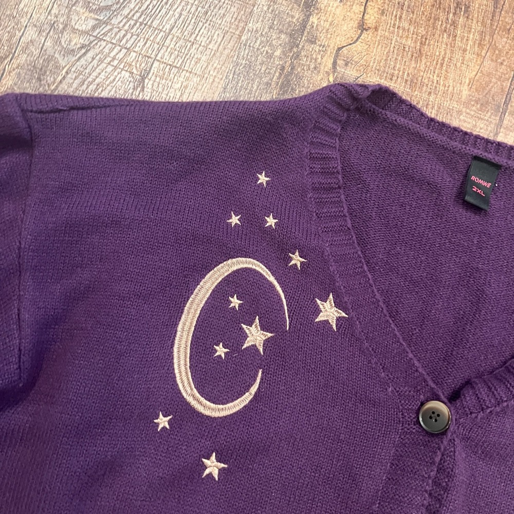 Romwe Hippie Moon & Star Pattern Drop Shoulder Cardigan Embroidered Cropped 2XL - Picture 5 of 9